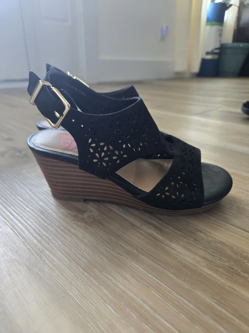 GB girls Black Laser-Cut Wedge Sandals with Gold Buckle